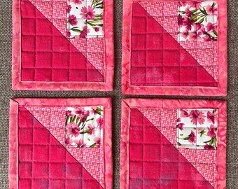 Set of Four Pink Mini Quilts/Mug Rugs/Coasters Machine Quilted - About 6" x 6" each" - Various Pink Fabrics