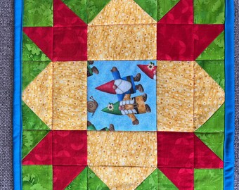 Gnome Mini Quilt - Table Topper - Machine Quilted - About 12 1/2" x 12 1/2" - Bright Colors and Fabrics - Doll Quilt