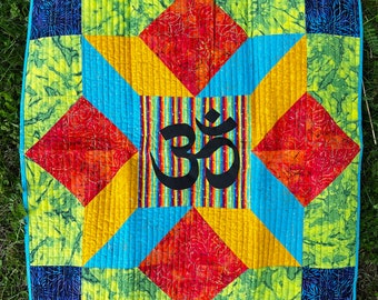 Modern Aum (Om) Wall Quilt - Batik & Other Fabrics - About 30" square - Wall Hanging - Yoga Quilt