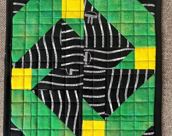 Bold and Modern Mini Quilt - Table Topper - Machine Quilted - About 12" 12" - Green, Yellow and Black & White - Doll Quilt