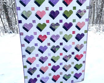 Pop Heart Quilt Pattern- PDF/DIGITAL Version of Pattern - Intermediate Level - 47" x 66" - Precut Friendly - Bonus Table Runner Pattern