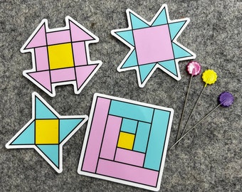 Mini Quilt Block Stickers - Set of 4 includes Log Cabin, Churn Dash, Sawtooth Star and Friendship Star Blocks Die-Cut Vinyl Largest is 2"