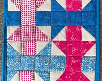 Bold and Modern Mini Quilt - Table Topper - Machine Quilted - About 12 1/2" x 12 1/2" - Pinks, Blues & Greys - Doll Quilt