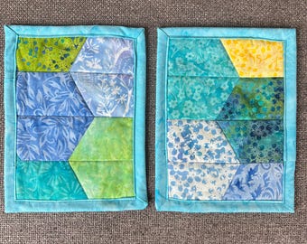 Set of Two Mini Quilts/Mug Rugs/Coasters - Machine Quilted - About 6 1/4" x 8 1/4" each - Beachy Colors