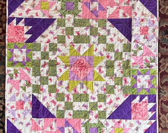 Bright and Beautiful Wall Quilt - Measures About 36" x 36" - Butterfly fabrics - Sampler Quilt