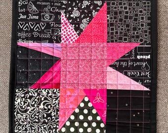 Wonky Sawtooth Star Mini Quilt - Table Topper - Machine Quilted - About 12 1/2" x 12 1/2" - Pinks & Blacks - Doll Quilt