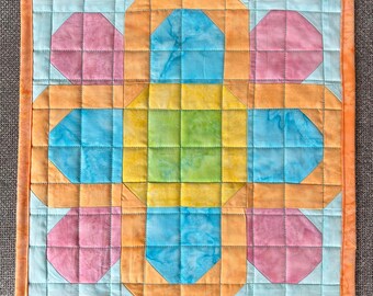 Pastel Floral Mini Quilt - Table Topper - Machine Quilted - About 13 1/4" x 13 1/4" - Various Pastel Fabrics - Doll Quilt