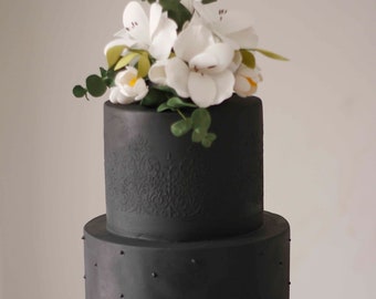 Black fake wedding cake, 4 tier fake wedding cake, decorated fake wedding cake.