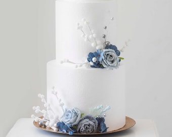 Dusty blue flowers wedding cake topper, navy blue cake topper, winter wedding cake topper, dusty blue flowers cake topper.