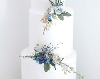 DUSTY BLUE &amp; NAVY Wedding Cake Topper | Elegant Blue Floral Cake Decor | Customizable with Preserved and Artificial Flowers