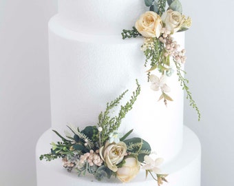 HANDMADE WEDDING CAKE Topper in Water Green & Ivory, Dusty Green and Ivory Flowers, Delicate Artificial and Preserved Floral Design