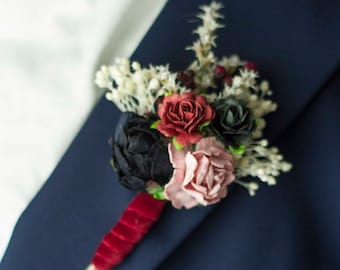 Boutonniere burgundy and black, Wedding boutonniere, Wedding boutonniere red, Wedding Boutonniere burgundy, Groomsmen boutonniere