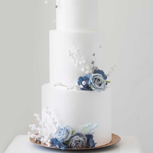 Dusty blue flowers wedding cake topper, navy blue cake topper, winter wedding cake topper, dusty blue flowers cake topper.