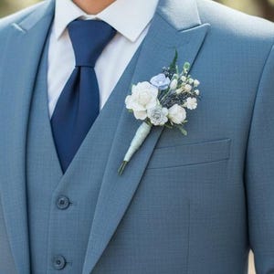 Dusty Blue Groom Boutonniere: Dried & Preserved Flower Wedding Accessory