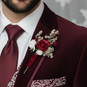 Burgundy Wedding Boutonniere: Dried & Faux Flower Velvet Ribbon