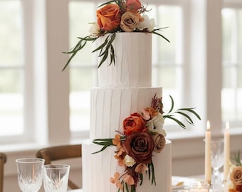 Rustic Autumn Wedding Cake Topper: Peach, Burgundy, and Ivory Floral Decor
