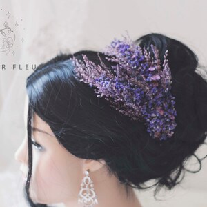 Semi crown for bride, bridal hair accessories in lavender tones.