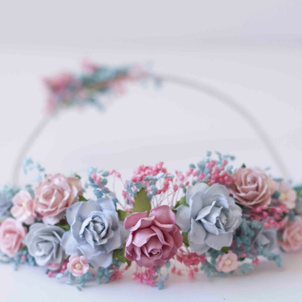 Turquoise and Pink Shabby Chic Flower Crown for Bridal, Wedding, Prom - Handmade Turquoise and Dusty Rose Floral Headpiece