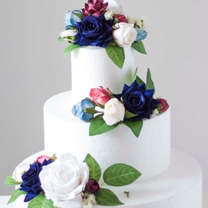 NAVY BLUE & BURGUNDY Floral Cake Topper, Wedding Cake Decor, Pink, Maroon and Dark Blue Flowers, 3-Piece Set ,Buy Full Set and Save