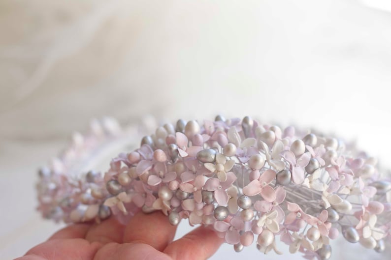 Flower crown for bride in cold porcelain lavender flowers, cold porcelain crown, exclusive and delicate bridal flower crown, silver crown image 2