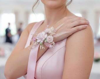 Pastel Pink Floral Corsage: Handmade Blush Wedding Bracelet