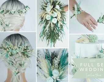 Complete mint wedding set, mint cascading bouquet, aqua green cascading bouquet, mint bridal hair comb, boho bridal bouquet mint