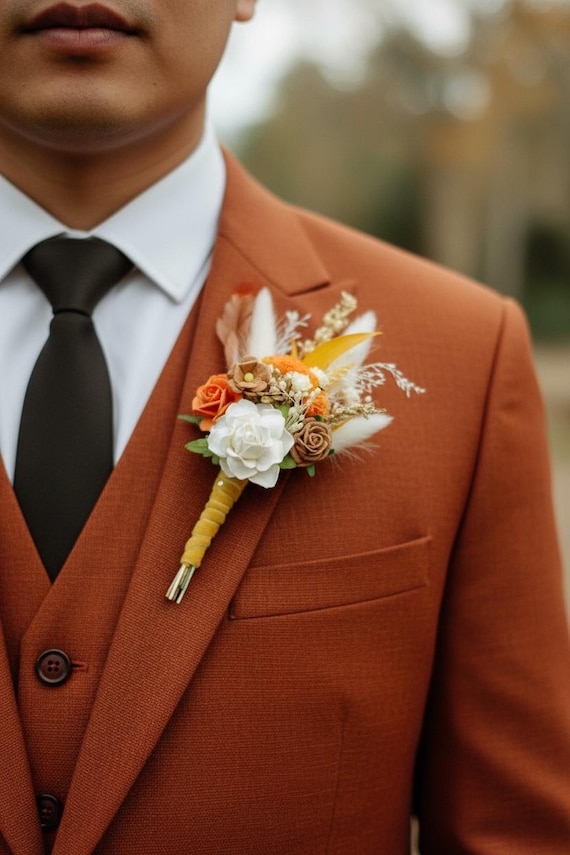 Terracotta & Gold Boutonniere | Rustic Boho Wedding Lapel Pin | Groom,  Groomsmen, Fall Wedding Floral Buttonhole