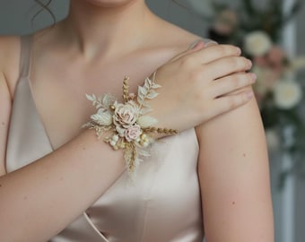 Champagner getrocknete Blumen Handgelenk Anstecknadel: Boho Hochzeit Blumen Armband