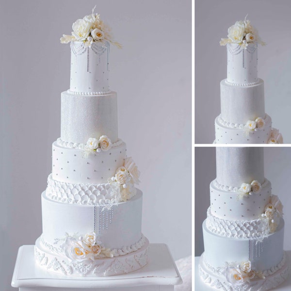 Handgefertigte weiße Fake-Torte für Hochzeiten, anpassbar & elegantes Design, perfektes Herzstück