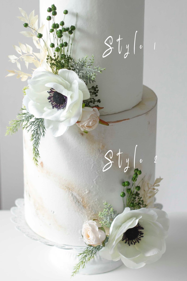 Anemone cake topper flowers wedding, Cake topper flowers garden, Cake topper flower decoration, cake topper fake flowers, white flowers cake image 4