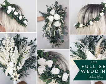 Complete wedding set of eucalyptus, pampas and white flowers, white cascading bridal bouquet, boho style bridesmaid bouquets