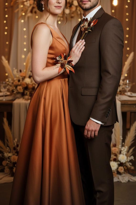 corsage for brown dress What colors and flowers would complement a brown prom dress for a corsage?