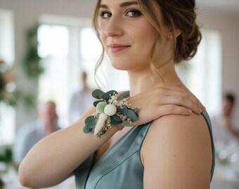 Bohemian wrist corsage with dried flowers: green and ivory, ideal for graduation or wedding. Handmade preserved eucalyptus flower bracelet.