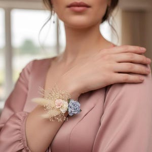 Blue, Pink & White Flower Wrist Corsage: Elegant Wedding Accessory
