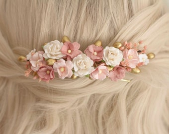 Peigne romantique de cheveux de fleurs de mariée Peigne à cheveux avec des roses Poussiéreux Rose & Or Peigne à cheveux Boho Mariage Rose Or Coiffure Communion