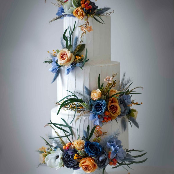 Set di topper per torta con fiori fatti a mano in blu e arancione ruggine, matrimoni, set di topper per torta con fiori rustici di 4