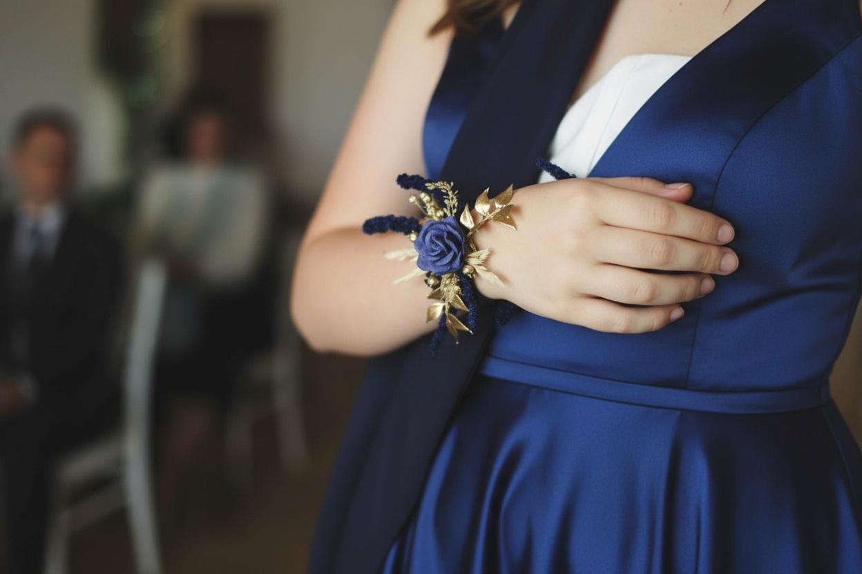 Navy & Gold Wrist Corsage - Elegant Preserved Flower Bracelet for Prom, Wedding and Formal Occasions