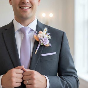 Handgefertigte Flieder- & Aprikosen-Boutonniere: Elegantes Hochzeitsaccessoire