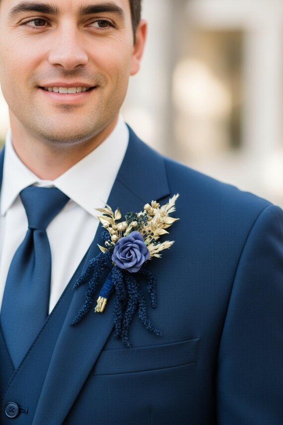Navy and Gold Groom's Boutonniere: Preserved Rose and Dried Flower Lapel  Pin for Weddings, Proms, and Formal Events. - Etsy