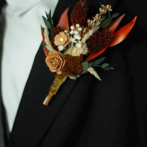 Terracotta Wedding Boutonniere: Burnt Orange Dried Floral Lapel Pin