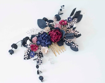 Navy and Blush Comb Romantic Bridal Comb Rustic Wedding Dusty Pink and Navy Blue Hair Comb Flower Hair Comb Bride, dry flower comb for bride