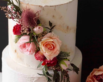 Vintage wedding cake topper, rustic wedding cake topper, peach flowers wedding cake topper, Blush and peach flowers cake topper,viva magenta