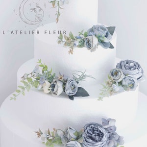 Adorno floral para tarta de boda, color azul polvoriento, tonos azules. Cómprelo por separado o ahorre con el juego completo. 5 diseños.