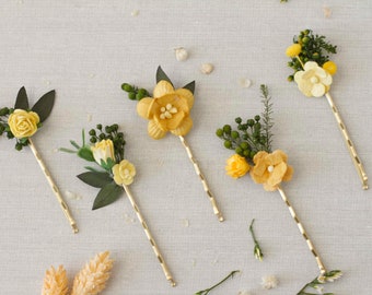 Yellow flower hairpins for bride, Mustard bridal hairpins, Yellow communion girl hairpins, Yellow hairpins for bridesmaids, Flowers hairpins