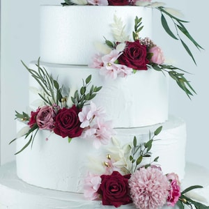 Set di decorazioni per torte con rose e bordeaux, elegante decorazione floreale per matrimonio, fiori artificiali non commestibili, acquista il set completo o stili singoli