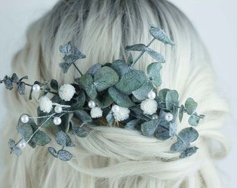 Hair comb bridal white and eucalyptus , hair comb for romantic style bride,pearls hair comb with eucalyptus and white flowers
