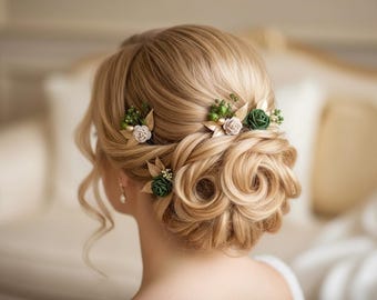 Emerald green hair clips for brides and bridesmaids, emerald green and gold wedding hair pins, matching accessories for grooms and groomsmen