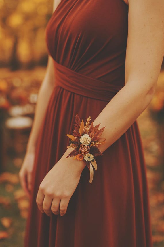 Rust, Orange & Gold Wrist Corsage | Fall Wedding Floral Bracelet |  Bridesmaid, Mother of Bride, Prom - Etsy
