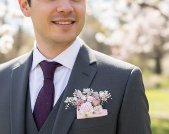 Pastel Pink Faux Flower Pocket Boutonniere: Wedding Groom Accessory