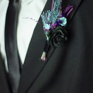 Black, Turquoise & Purple Boutonniere | Gothic Wedding Lapel Pin | Groom, Groomsmen, Alternative Floral Buttonhole